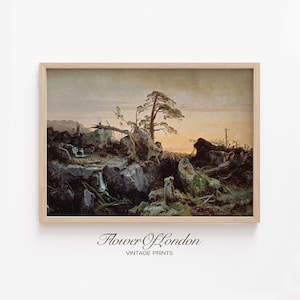 May include: A vintage painting depicting a rocky landscape with a lone pine tree in the foreground. The sky is a soft orange and pink, suggesting a sunset. The painting is framed in a light wood frame.