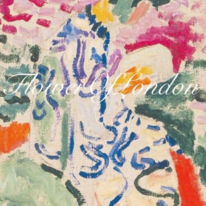 May include: Abstract painting with bold strokes of blue, green, orange, pink, and yellow. The text "Flower of London" is written in white cursive across the centre of the painting.