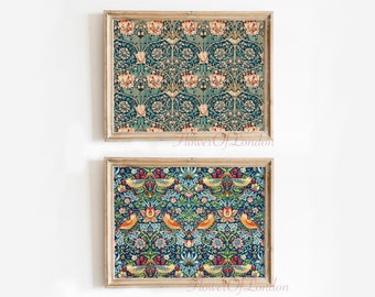 Set of 2 William Morris prints, Vintage Wallpaper Fabric Textile Strawberry Thief Honeysuckle Blue Navy Birds HORIZONTAL, Giclee PREMIUM