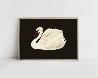 White Swan Print, Black Swan Vintage Painting Print, White Swan in Black Sea Print, Black Lake Swan Print, Dark Moody Wall Art Print, Giclée