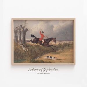 Impressão de arte vintage de caça à raposa, DOWNLOAD INSTANTÂNEO, Pintura a óleo minimalista de caçador equestre, cavalo e cachorro, Arte de caça inglesa antiga, DIGITAL #246