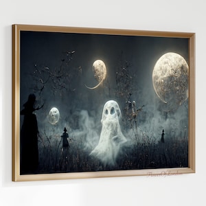 Ghost Print, Ghostly Demon Skull Face Halloween Print Poster Funny Haunted Skeletons Haloween Decor Spooky Dark Academia HORIZONTAL, Giclée