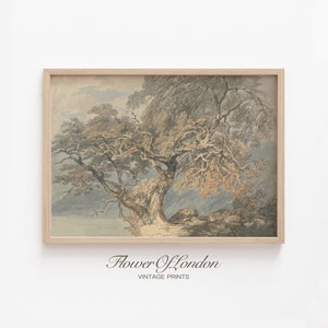 Autumn Big Tree Sketch Print, INSTANT DOWNLOAD, Antique Neutral Beige Rustic Lake Hill Country Landscape Farmhouse Watercolour Drawing, #182