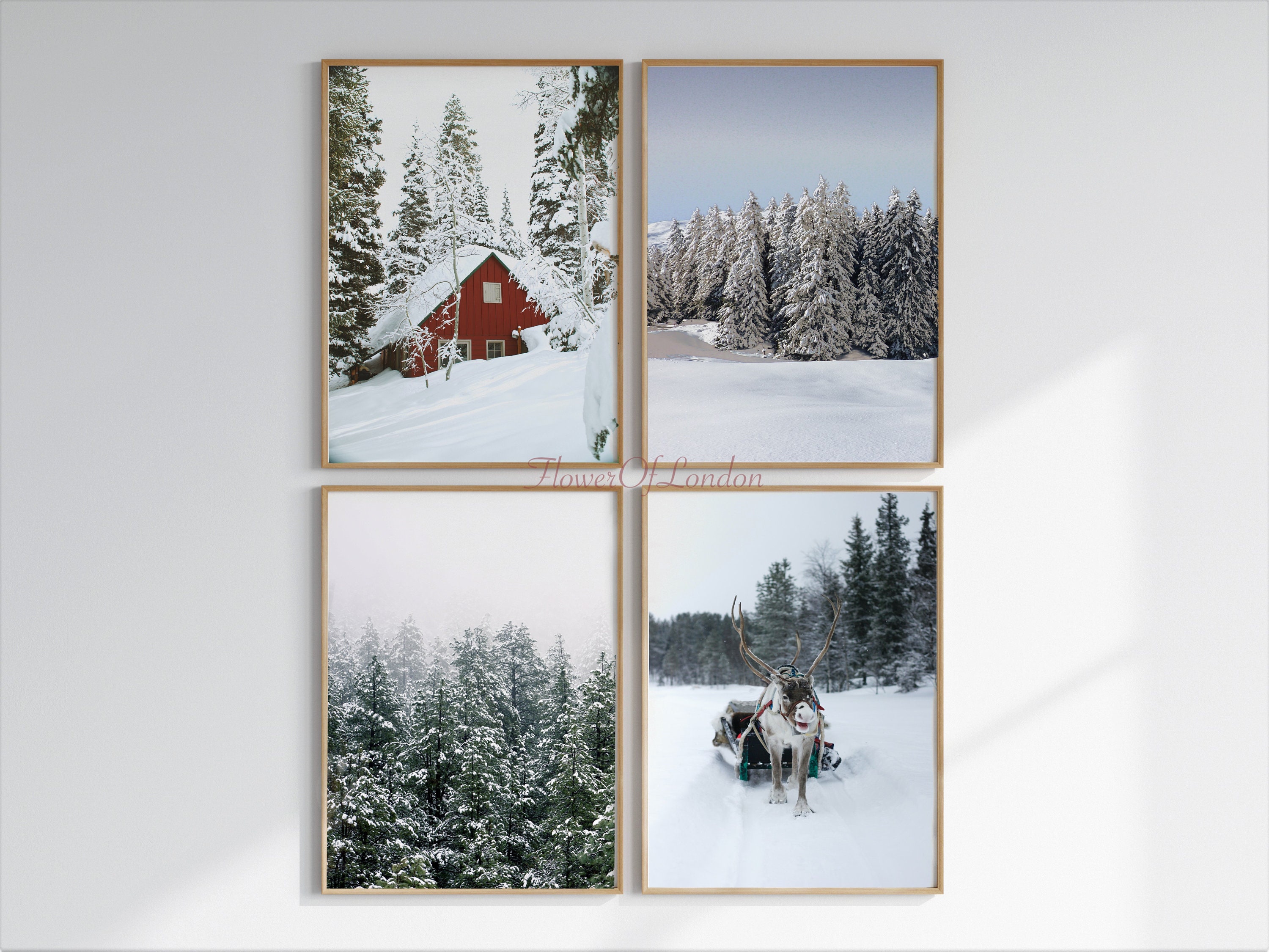 Set of 4 Christmas Prints, Snowy Forest Trees Christmas Reindeer Santa ...