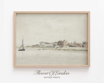 Coastal Print, Vintage Rustic European Summer Beach Sailboats Venice Landscape Neutral Muted Sea Oil Painting Pastel Art, Giclee #244