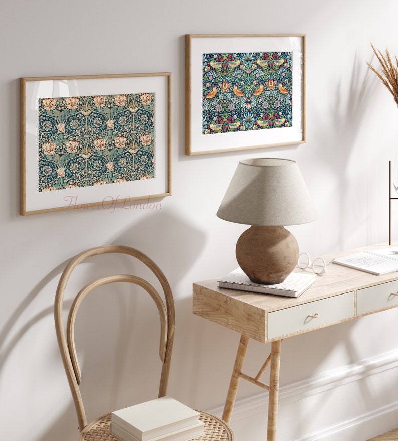 Set of 2 William Morris prints, Vintage Wallpaper Fabric Textile Strawberry Thief Honeysuckle Blue Navy Birds HORIZONTAL, Giclee PREMIUM image 2