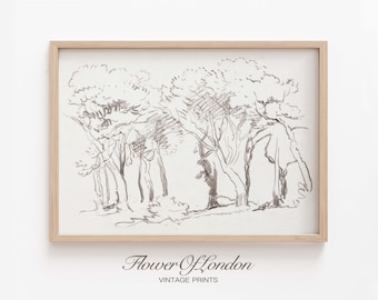 Vintage Trees Sketch Print, Minimalist Simple Neutral Black and White Line of Trees Pencil Sketch Summer Drawing Landscape, Giclee #183