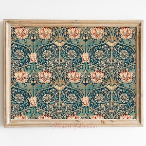 William Morris Print, William Morris Poster Vintage Honeysuckle Wallpaper Fabric Horizontal Art Print, Navy Blue Silver Teal, Giclée PREMIUM