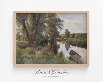 Lake Landscape Print, Rustic Vintage Summer Lake with a Boat Oil Painting Spring Riverbank Neutral Antique River Nature Foliage, Giclee #144