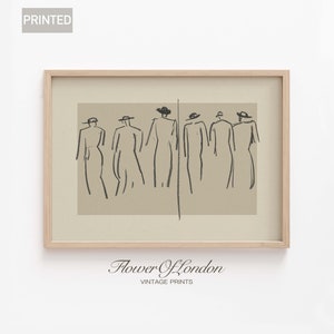 May include: A black and white line drawing of seven people wearing hats, walking in a line. The drawing is on a beige background and framed in a light wood frame.