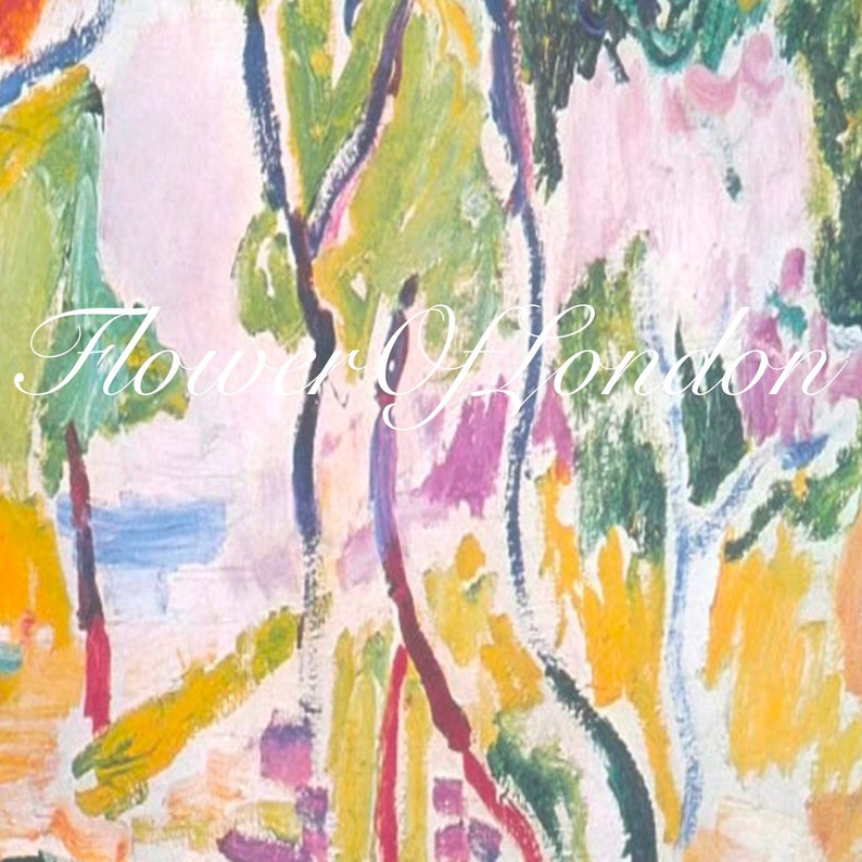 May include: Abstract painting in a colourful, textured style. The painting features a range of colours, including pink, green, yellow, blue, and red. The paint is applied in thick strokes, creating a sense of depth and movement. The painting is titled "Flower of London".