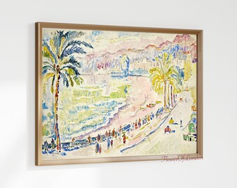 Beach Print, Pastel Soft Neutral French Vintage Summer Sea Seaside Painting Print, French Seascape Multicoloured Stroll Beach, Giclée #1