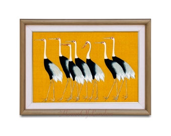 Yellow Japanese Cranes Print, Vintage Birds Painting Ogata Korin Illustration Japandi Ochre Modern Home Office Decor, Giclée PREMIUM