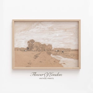 Landscape Sketch Print, INSTANT DOWNLOAD, Antique Neutral Beige Rustic Country Farmhouse Pastoral Decor Barn Cows Pond Field Painting, #163