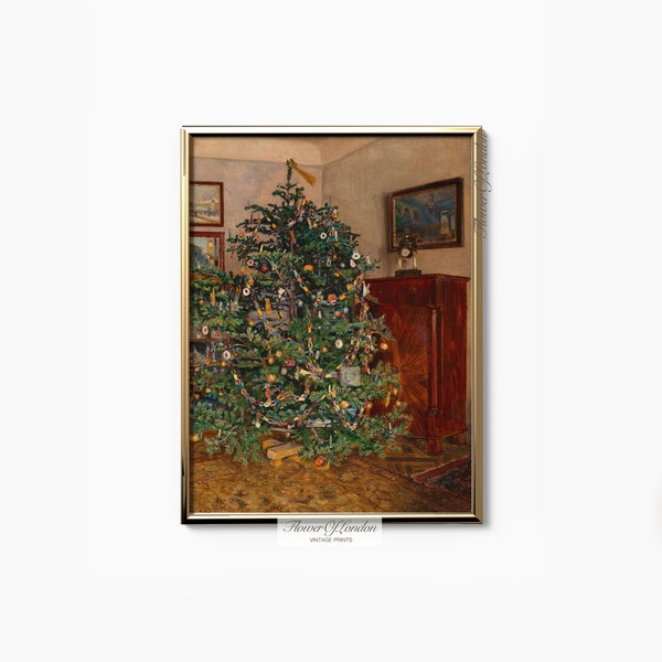 Christmas Tree Print, INSTANT DOWNLOAD, Vintage Decorated Winter Christmas Tree Celebrations Evergreen Oil Painting Printable DIGITAL #23