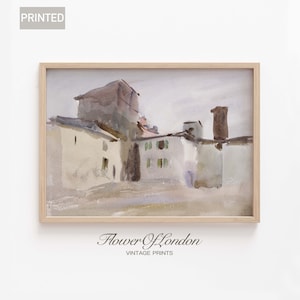 Italian Villa Print, Vintage Rustic Mideterranian City Architecture Landscape Neutral Muted Italy Watercolour Painting Pastel, Giclee #81