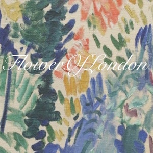 May include: Abstract painting with a white background and colourful brushstrokes in shades of blue, green, yellow, orange, and pink. The text "Flower of London" is written in white cursive script across the centre of the painting.