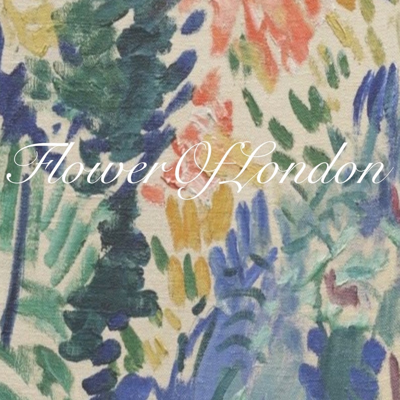 May include: Abstract painting with a white background and colourful brushstrokes in shades of blue, green, yellow, orange, and pink. The text "Flower of London" is written in white cursive script across the centre of the painting.