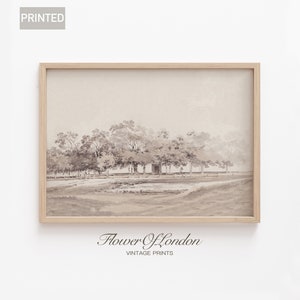 Vintage platteland landschapsprint, minimalistisch neutraal zacht pastel beige bomenrij schets zomer aquarel tekening, giclee #228