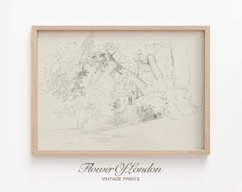 Vintage Trees Sketch Print, Minimalist Simple Neutral Black and White Trees Pencil Sketch Summer Forest Woods Drawing Landscape, Giclee #203