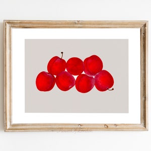 Stampa di cucina di campagna, stampa di frutta vintage, dipinto, arte di cucina antica, stampa di prugne, arredamento rustico, prugne rosse, frutta luminosa, natura morta, giclée
