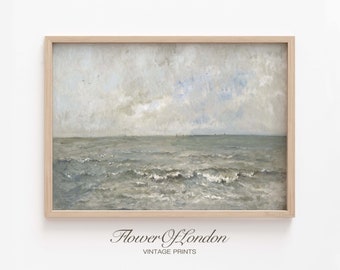 Moody Coastal Print, Vintage Rustic Beach Landscape Simple Seaside Sea Seascape Ocean Nautical Oil Painting Muted Neutral Pastel Giclee #117