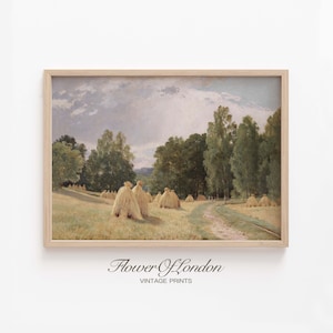Vintage Wheat Fields Print, INSTANT DOWNLOAD, Summer Haystacks Countryside Cottage Landscape Painting Muted Neutral Country Farmhouse, #123