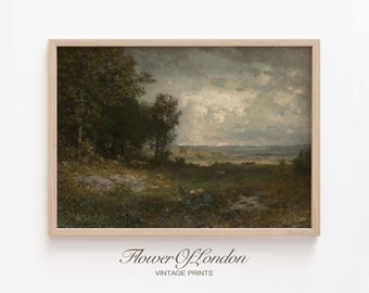 Dark Moody Landscape Print, Vintage Rustic French Farmhouse Countryside Country Field Forest Opening Muted Tonal Oil Painting, Giclee #111