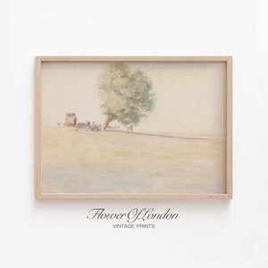 May include: A framed watercolour painting of a landscape with a large tree in the foreground. The tree is green and has a light brown trunk. There are several small figures in the distance, and the background is a light blue sky.