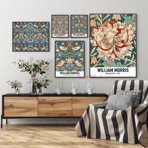 Set di 5 stampe di William Morris, poster, carta da parati vintage con caprifoglio, arazzo, tessuto, arredamento rustico, blu navy, argento, oro, verde acqua, Giclée