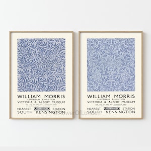 Set di 2 stampe di William Morris, poster della mostra di William Morris, carta da parati con ghiande di salice e foglie di quercia, Giclée PREMIUM, blu fumo smorzato