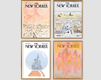 Set of 4 New Yorker Magazine Cover Prints, Retro Vintage Magazine Posters , The New Yorker Print Set, Warm Peach Pink Blue Pastel, Giclée