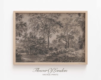 Dark Moody Landscape Sketch Print, Vintage Farmhouse Countryside Country Brown Forest Trees Woods Woodland Tonal Watercolour, Giclee #119