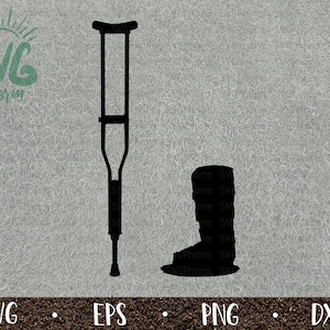 May include: Black silhouette of a crutch and a cast on a leg. The crutch is a single crutch with a black handle and a black metal support.