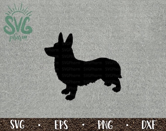 Op de afbeelding: Zwarte silhouet van een Welsh Corgi hond die op een grijze achtergrond staat.