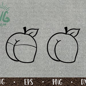 May include: Two black and white outline illustrations of peaches with leaves. The peaches are facing away from the viewer.