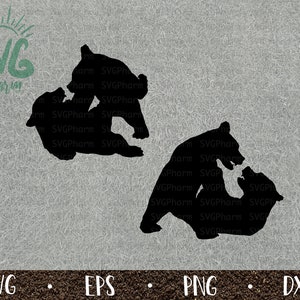 May include: Two black silhouette images of bears, one with a smaller bear cub, hugging each other. The bears are facing each other and the larger bear has its arms wrapped around the smaller bear.