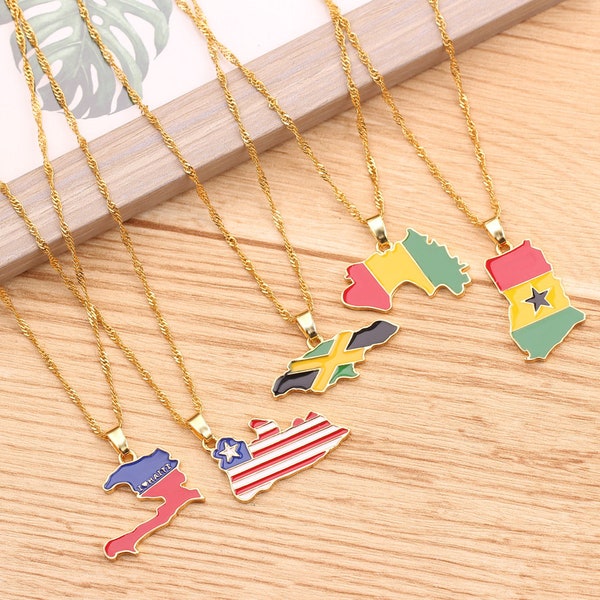 Custom Country Flag Necklace - 70 Nations Available - Enamel Map Pendant - Gold Plated Alloy - Personalized World Jewelry Gift