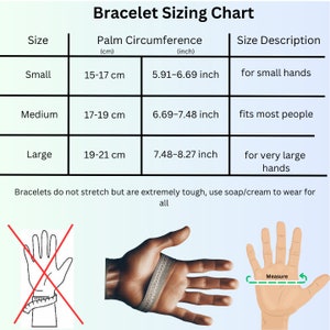 May include: A chart showing bracelet sizing in inches and centimeters. The chart shows the palm circumference in inches and centimeters for small, medium, and large bracelets. The chart also includes a description of each size, such as "for small hands" or "fits most people".