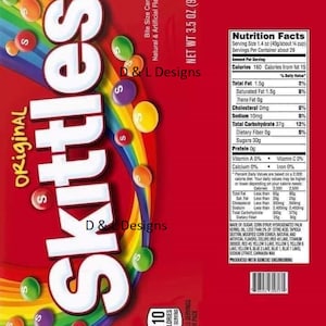 May include: A red bag of Skittles Original Bite Size Candies with a rainbow of candies on the front. The bag is 3.5 ounces and contains about 29 servings. The nutritional information is listed on the back of the bag.