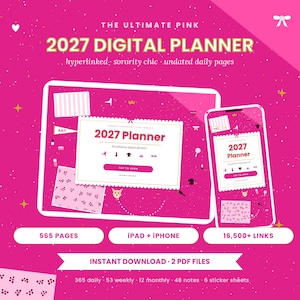 May include: A bright pink 2027 digital planner displayed on a tablet and smartphone screen. The interface features white pages with red text, including the title 2027 Planner, a tap to open button, and various small icons like a dog, bow, and crown.