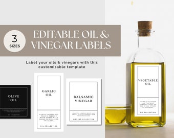 Modèle d'étiquettes d'huile et de vinaigre, Étiquettes d'huile, Étiquettes de vinaigre, Étiquettes de cuisine modifiables, Modèle d'étiquette de cuisine, Étiquettes personnalisées