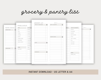 Grocery List, Pantry Staples List, Fridge Staples List, Editable Grocery List, Kitchen Essentials