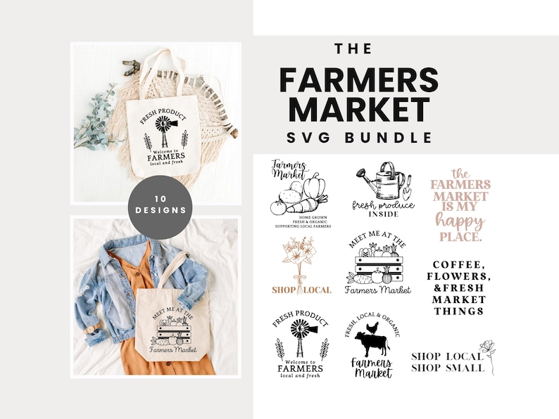 Pu&ograve; includere: Un set di 10 design SVG con illustrazioni di mercati contadini, prodotti freschi e prodotti locali. I design includono testo come "Prodotti freschi all'interno", "Incontrati al mercato contadino", "Compra locale, compra piccolo" e "Benvenuti agli agricoltori, locale e fresco".