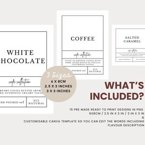 Peut inclure: Trois mod&egrave;les d'&eacute;tiquettes imprimables pour caf&eacute;, chocolat blanc et caramel sal&eacute;. Chaque &eacute;tiquette pr&eacute;sente un design minimaliste avec du texte noir sur fond blanc. Les &eacute;tiquettes sont disponibles en trois tailles&nbsp;: 6 x 8 cm, 2,5 x 3 pouces et 3 x 3 pouces.