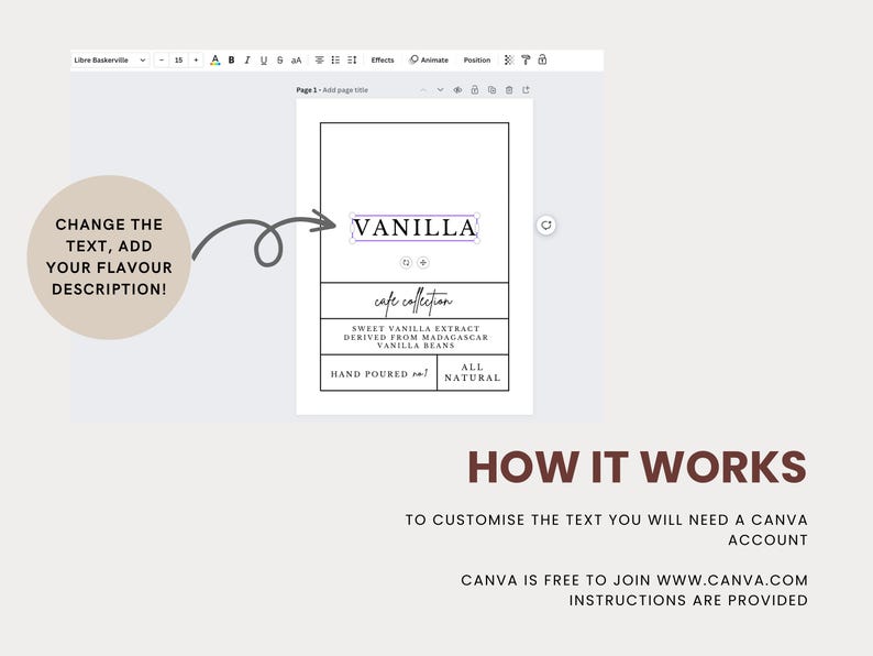 Peut inclure: Une maquette num&eacute;rique d'une &eacute;tiquette de produit pour l'extrait de vanille. L'&eacute;tiquette est blanche avec du texte noir et un accent violet. Le texte indique "Vanille", "Collection Caf&eacute;", "Extrait de vanille douce provenant de f&egrave;ves de vanille de Madagascar", "Vers&eacute; &agrave; la main" et "Naturel".