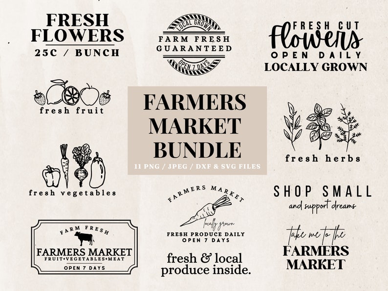 A Farmers Market Graphic Bundle featuring 11 Farmers Market SVG and Farmers Market PNG. Create your Flower Market Print, Farmers Market Sign or Farmers Makers Art with these digital svg Farmers Market Prints