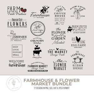 Lot marché de producteurs, marché aux fleurs, cuisine de ferme, petite boutique locale, produits frais, enseigne du marché de producteurs