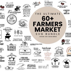 Könnte beinhalten: Ein Schwarz-Weiß-Grafikdesign-Paket mit über 60 SVG-Designs für Bauernmärkte. Die Designs beinhalten Text, Illustrationen und Logos zu Themen wie frische Produkte, Kaffee, Blumen und Bauernhausküchen.