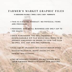May include: A digital graphic file download for a farmer's market theme. The text reads "Farmer's Market Graphic Files" and "11 Designs in PNG / JPEG / SVG / DXF Formats". The text also includes information about the product being a digital download, for personal and small business use only (up to 100 sales), and instructions on how to use the files.
